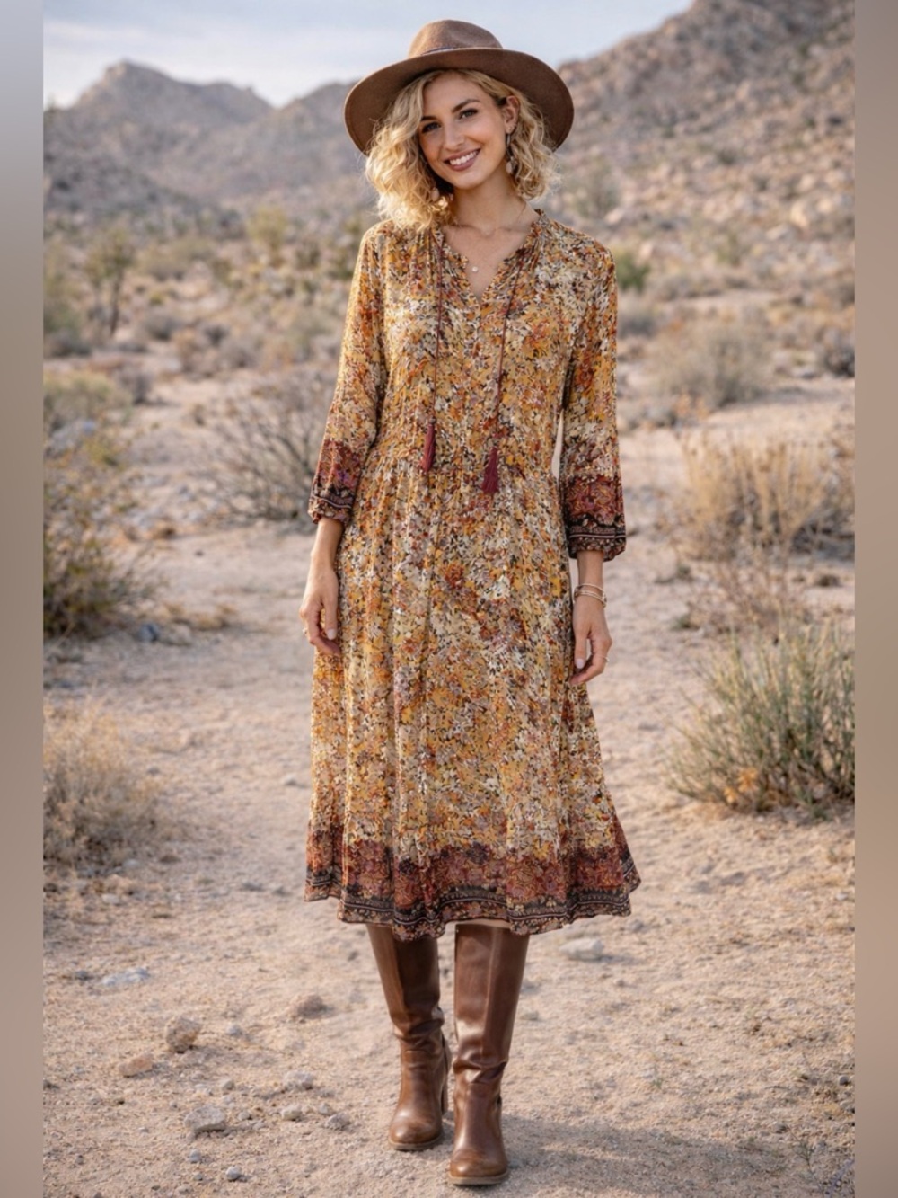 Frye and Co. Boho Floral Tie-Front Midi Dress Sz L - Picture 1 of 5